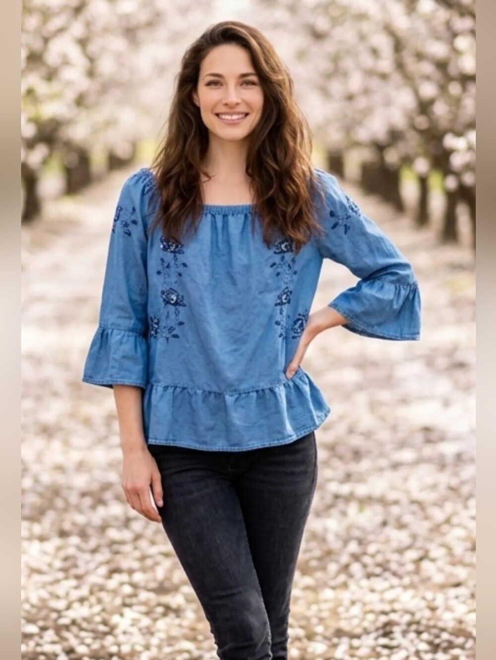 Tea Rose Blue Embroidered Peasant Top with Ruffle Hem MED